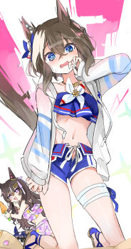 animal_ears blue_eyes blush breasts brown_hair cheval_grand_(umamusume) commentary_request ear_covers hair_between_eyes hat highres horse_ears horse_girl horse_tail kik1 long_hair looking_at_viewer multicolored_hair multiple_girls open_mouth simple_background single_ear_cover smile streaked_hair tail umamusume v_sisters verxina_(umamusume) vivlos_(umamusume) white_background white_hair white_hat