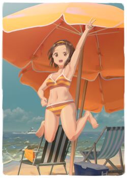 Rule 34 | 1girl, absurdres, armpits, barefoot, beach, bikini, boat, breasts, brown eyes, brown hair, chair, cloud, cloudy sky, cooler, deck chair, folding chair, hairband, highres, jumping, k-on!, navel, open mouth, parasol, shadow, short hair, sky, small breasts, striped bikini, striped clothes, summer, swimsuit, tainaka ritsu, thighs, tornier, umbrella, v, watercraft, yellow hairband