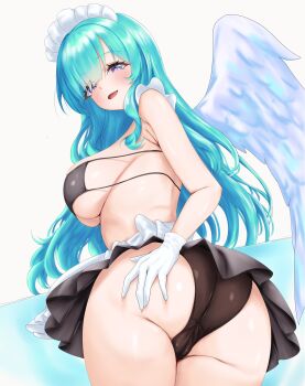 1girl angel angel_wings aqua_hair ass bikini bikini_top_only black_bikini black_panties blush breasts commentary_request eyepatch_bikini feathered_wings frilled_headwear from_below from_side gloves hair_between_eyes hair_over_one_eye hand_on_own_ass highres irasuto1234567 large_breasts long_hair looking_at_viewer looking_back maid maid_bikini maid_headdress monster_strike open_mouth panties purple_eyes raphael_(monster_strike) sideboob sidelocks simple_background skirt solo standing string_bikini swimsuit thighs turning_head unconventional_maid underboob underwear very_long_hair white_background white_gloves white_headdress white_wings wings