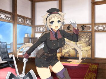 1girl architecture belt belt_pouch bike_shorts black_necktie blush bookshelf boots breasts brown_belt brown_boots brown_hair buttons chair desk double-breasted east_asian_architecture gloves grey_eyes hairband hat hebijo_academy_school_uniform holding holding_scissors ibuki_(senran_kagura) indoors infinity_symbol large_breasts long_hair looking_at_viewer low_twintails necktie office office_chair official_alternate_costume official_art open_mouth paper paper_stack pouch purple_shirt purple_thighhighs rug school_uniform scissors senran_kagura senran_kagura_new_link senran_kagura_new_wave shiny_skin shirt sliding_doors smile solo swivel_chair thigh_boots thighhighs thighs twintails weapon white_gloves window yaegashi_nan