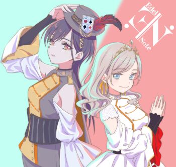 2girls absurdres armpit_crease bare_shoulders blue_eyes breasts ceras_yanagida_lilienfeld clothing_cutout commentary_request cowboy_shot edelied feathers gold_tiara green_background grey_hair grey_hat grey_shirt hagisiri_kuma hair_ornament hair_ribbon hat hat_feather highres jellyfish_cut katsuragi_izumi link!_like!_love_live! long_sleeves looking_at_viewer love_live! medium_breasts multiple_girls orange_eyes parted_lips red_background red_feathers revision ribbon shirt shoulder_cutout sleeves_past_wrists slit_pupils triangle_hair_ornament two-tone_background virtual_youtuber yellow_ribbon