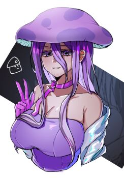 Rule 34 | 1girl, :d, arm at side, armpit crease, bare shoulders, black background, bow, bow choker, bowtie, breasts, chinese commentary, choker, cleavage, collarbone, colored eyelashes, commentary request, covered navel, cropped torso, double-parted bangs, fume-shroom (plants vs. zombies), genderswap, genderswap (mtf), gloves, grin, hair between eyes, hand up, hat, highres, jacket, jacket partially removed, large breasts, long hair, long hair between eyes, long sidelocks, looking at viewer, mole, mole on breast, mole on shoulder, mushroom hat, oleander03034, open clothes, open jacket, open mouth, personification, pink bow, pink bowtie, pink choker, pink gloves, plants vs. zombies, purple hair, purple hat, purple shirt, ribbed shirt, shaded face, shirt, sidelocks, simple background, smile, solo, straight hair, strapless, strapless shirt, tsurime, two-tone background, very long hair, w, white background, white jacket