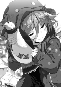 1girl :3 animal animal_hood bird blush closed_eyes closed_mouth collarbone fang flipped_hair greyscale hair_between_eyes hair_ornament highres hood hoodie hug latimeriya_(nanoka_no_kuigami) long_hair long_sleeves monochrome nanoka_no_kuigami nauribon non-web_source novel_illustration nuzzle official_art open_clothes open_hoodie outdoors rope rubble ruins shirt standing sweat torn_clothes torn_hoodie upper_body