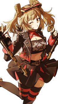 Rule 34 | 1girl, black boots, black jacket, black skirt, black tube top, blonde hair, boots, breasts, burnice white, cleavage, commentary request, eyewear on head, flamethrower, highres, holding, holding flamethrower, holding weapon, jacket, kanisakiclub, large breasts, leg up, looking at viewer, one eye closed, open mouth, propane tank, red-tinted eyewear, red eyes, short twintails, simple background, skirt, solo, spiked belt, spiked jacket, strapless, sunglasses, thigh boots, tinted eyewear, tube top, twintails, weapon, white background, zenless zone zero