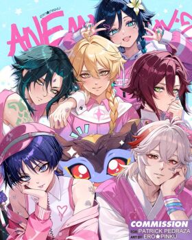 6+boys aether_(genshin_impact) aqua_eyes aqua_hair arm_tattoo black_hair blonde_hair blunt_ends braid commission earrings ero_pinku facial_mark flower forehead_mark genshin_impact gradient_hair green_eyes hair_between_eyes hair_flower hair_ornament hairclip hood hoodie jacket jewelry kaedehara_kazuha long_hair long_sleeves male_focus mini_durin_(dragon)_(genshin_impact) mini_durin_(genshin_impact) multicolored_hair multicolored_hoodie multiple_boys open_clothes open_jacket open_mouth pink_jacket pink_shirt purple_eyes purple_hair red_hair scaramouche_(genshin_impact) second-party_source shikanoin_heizou shirt short_hair single_earring smile star_(symbol) star_facial_mark streaked_hair tattoo tongue tongue_out twin_braids venti_(genshin_impact) wanderer_(genshin_impact) white_hair white_hoodie xiao_(genshin_impact) yellow_eyes