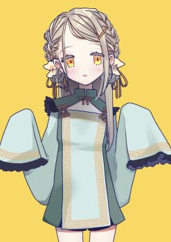 Rule 34 | 1girl, blonde hair, blush, braid, braided bun, china dress, chinese clothes, cleavage cutout, clothing cutout, colored eyelashes, commentary request, cowboy shot, double bun, dress, earrings, gakuen idolmaster, hair bun, hair ornament, hair ribbon, hair scrunchie, hands up, highres, idolmaster, jewelry, lily-an, long hair, looking at viewer, open mouth, orange eyes, orange ribbon, outstretched arms, ribbon, scrunchie, shinosawa hiro, short dress, simple background, sleeves past fingers, sleeves past wrists, solo, standing, yellow background, zombie pose