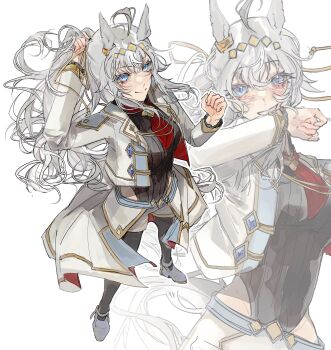 1girl absurdres ahoge animal_ears black_pantyhose blue_eyes blush breasts brooch closed_mouth clothing_cutout cropped_jacket ear_ornament grey_hair grey_leotard grey_tail hair_between_eyes hair_ornament hair_ribbon highres hip_vent horse_ears horse_girl horse_tail jacket jewelry leotard long_hair long_sleeves looking_at_viewer medium_breasts neckerchief oguri_cap_(cinderella_gray)_(umamusume) oguri_cap_(umamusume) open_mouth overskirt pantyhose ponytail red_neckerchief ribbon shorts simple_background smile star_brooch tachyuri tail umamusume umamusume:_cinderella_gray white_background white_jacket white_shorts