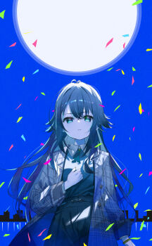 1girl absurdres antenna_hair black_dress black_hair blue_background blue_eyes blue_hair closed_mouth collared_dress confetti dress gakuen_idolmaster grey_jacket hair_between_eyes highres idolmaster jacket long_hair long_sleeves looking_at_viewer meito_(maze) multicolored_hair open_clothes open_jacket plaid_clothes plaid_jacket solo tsukimura_temari two-tone_hair very_long_hair
