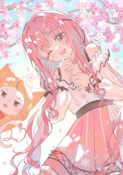 1girl absurdres ahoge animal arm_cannon belt black_belt black_bow black_ribbon blue_sky blunt_bangs bow bow_choker bowtie bra_strap branch brown_eyes buttons cat center_frills cherry_blossoms chinese_commentary choker cloak clothed_animal commentary_request cowboy_shot day decooooooo39 dot_nose ear_covers eyelashes falling_petals flower frilled_shirt frilled_skirt frilled_sleeves frills hair_bow hair_intakes hair_ribbon hand_on_own_chest hand_on_own_chin happy head_tilt high-waist_skirt highres hood hood_up hooded_cloak infinity_nikki layered_skirt light_blush long_hair long_sidelocks long_sleeves looking_at_viewer low_twintails miniskirt momo_(nikki) nikki_(nikki) nikki_(series) off-shoulder_shirt off_shoulder one_eye_closed open_mouth outdoors pawpads perfect_start_(infinity_nikki) petals pink_bow pink_bowtie pink_choker pink_flower pink_hair pink_skirt pleated_skirt print_skirt puffy_long_sleeves puffy_sleeves red_bow red_bowtie ribbon see-through_clothes see-through_sleeves shirt sidelocks signature single_stripe skirt sky sleeve_bow smile snowflake_print snowflakes spring_(season) standing striped_bow striped_bowtie striped_choker striped_clothes striped_skirt teeth tress_ribbon twintails upper_teeth_only vertical-striped_clothes vertical-striped_skirt very_long_hair wavy_hair weapon white_cat white_shirt white_skirt yellow_cloak