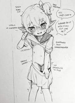 1girl blush clothes_lift clothes_pull ear_blush elf english_text flat_chest freckles greyscale highres loli lolibaba looking_at_viewer monochrome nipples original panties panty_pull pointy_ears prostitution renocoffee school_uniform serafuku shirt_lift sketch skirt skirt_pull solo speech_bubble standing underwear