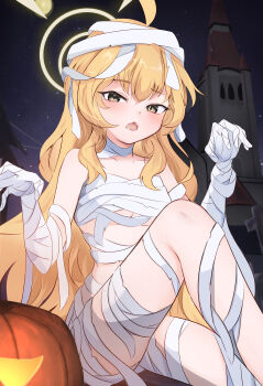 Rule 34 | 1girl, absurdres, bandages, blonde hair, blue archive, blush, brown eyes, claw pose, from below, hair between eyes, highres, long hair, looking at viewer, mummy costume, naked bandage, official alternate costume, official alternate hairstyle, open mouth, sidelocks, tottun happy, yoshimi (blue archive), yoshimi (halloween) (blue archive)
