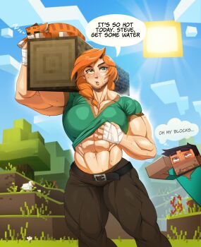 1boy 1girl abs absurdres alex_(minecraft) belt bird block_(minecraft) blush braid breasts brown_hair carrying cat cat_(minecraft) chicken chicken_(minecraft) cleavage clothes_lift cloud cloudy_sky english_text flower grass green_eyes hand_wraps highres large_breasts log lolitia long_hair minecraft muscular muscular_female orange_cat orange_hair pants scar scar_on_face shirt shirt_lift short_hair shoulder_carry sky sleeping steve_(minecraft) sun sweat thick_thighs thighs tight_clothes tight_pants tight_shirt