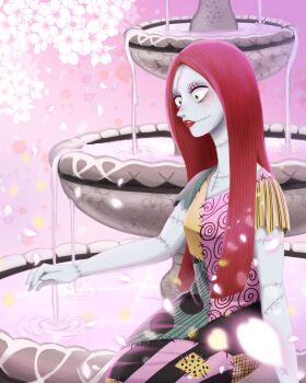 1girl colored_skin commentary_request dress en_(pixiv_30401907) fountain highres long_hair looking_at_viewer patchwork_clothes patchwork_skin petals pinstripe_pattern red_hair sally_(nbc) smile stitched_arm stitched_face stitches striped_clothes the_nightmare_before_christmas