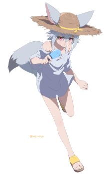 Rule 34 | 1girl, absurdres, animal ears, bare shoulders, commentary, dress, ears through headwear, food, fox ears, fox girl, fox tail, full body, grey hair, hair ornament, hairclip, hat, highres, holding, holding food, holding popsicle, minowa sukyaru, miwa kitsune-chan, off-shoulder dress, off shoulder, original, popsicle, red eyes, sandals, short hair, simple background, solo, straw hat, sweat, tail, toes, twitter username, untranslatable commentary, white background, white dress