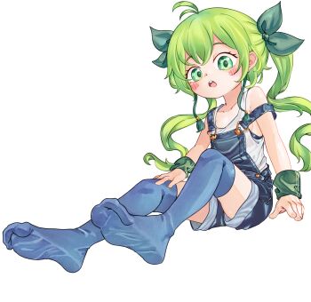 1girl blue_thighhighs chaosexceed feet green_eyes green_hair highres no_shoes original overalls solo thighhighs twintails