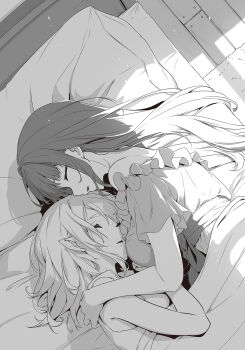 2girls astraea_(danmachi) bare_shoulders breasts closed_eyes cuddling dress dungeon_ni_deai_wo_motomeru_no_wa_machigatteiru_darou_ka elf greyscale head_on_pillow highres indoors large_breasts long_hair medium_hair monochrome multiple_girls nilitsu novel_illustration off-shoulder_dress off_shoulder official_art on_bed parted_lips pillow pointy_ears ryu_lion sleeping third-party_source yuri