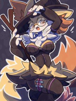 1girl :3 animal_ear_fluff animal_ears arm_up black-framed_eyewear black_bridal_gauntlets black_fur black_hat black_leotard black_thighhighs blush body_fur braixen breasts breasts_apart bridal_gauntlets commission fang female_focus fluffy fox_ears fox_girl fox_tail furry furry_female gen_6_pokemon glasses grey_background hand_up happy hat holding holding_stick large_breasts leg_up leotard looking_at_viewer multicolored_fur neck_fur nintendo nyaswitchnya open_mouth outline pince-nez pokemon pokemon_(creature) purple_trim red_eyes round_eyewear smile solo standing stick strapless strapless_leotard tail thigh_strap thighhighs white_fur white_outline wide_hips witch witch_hat yellow_fur