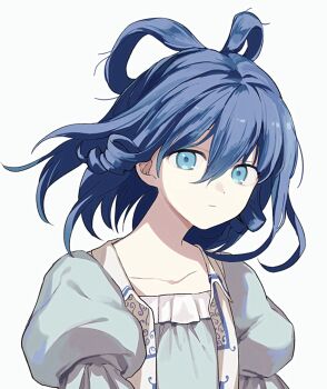 1girl blue_dress blue_eyes blue_hair closed_mouth collarbone commentary_request dress drill_hair drill_sidelocks floating_hair hair_between_eyes hair_rings highres kaku_seiga ladenaku looking_at_viewer open_clothes open_vest puffy_short_sleeves puffy_sleeves short_hair short_sleeves sidelocks simple_background solo touhou upper_body vest white_background white_vest