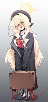 1girl absurdres black_coat black_gloves black_hat black_shirt blonde_hair blood blue_archive bow bowtie briefcase coat full_body gloves green_eyes halo hat highres holding holding_briefcase loli long_hair long_sleeves looking_at_viewer open_clothes open_coat open_mouth professor_niyaniya_(blue_archive) red_bow red_bowtie shirt smile solo standing whonyang yandere yellow_halo