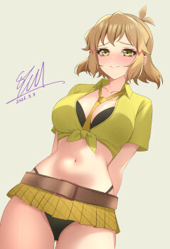 Rule 34 | 1girl, absurdres, amesuku gyaru, arms behind back, between breasts, black bra, black panties, blush, bob cut, bra, breasts, brown background, brown hair, closed mouth, clothes between breasts, collarbone, commentary request, dated, double-parted bangs, embarrassed, grid skirt, gyaru, hair between eyes, hair ornament, hairclip, highres, kogal, large breasts, microskirt, multiple hair clips, navel, necktie, necktie between breasts, panties, senki zesshou symphogear, shirt, short hair, short sleeves, shu (syuh9029), signature, skirt, smile, solo, stomach, tachibana hibiki (symphogear), tareme, tied shirt, underwear, upper body, yellow eyes, yellow necktie, yellow shirt, yellow skirt