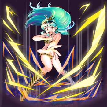 1girl animal_print artist_name bikini breasts cleavage commentary cone_horns electricity fangs floating_hair full_body green_hair horns kneehighs knees_together_feet_apart long_hair lum miz_mus oni open_mouth orange_eyes print_bikini print_socks small_breasts socks solo standing strapless strapless_bikini swimsuit thighs tiger_print twitter_username urusei_yatsura v-shaped_eyebrows