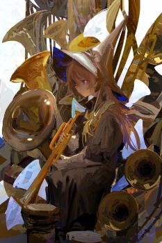 1girl absurdres blonde_hair brown_coat brown_hat coat commentary english_commentary expressionless gloves hat highres holding holding_instrument instrument kevin_adi long_hair original purple_eyes sitting solo surreal trumpet tube white_gloves witch_hat