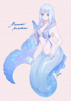 bare_shoulders bikini bikini_top_only blue_eyes blue_hair blue_nails blue_scales blue_tail breasts bridgeless_bra character_name commission cursive english_text fins grey_background groin highres jewelry kneeless_mermaid long_hair long_sidelocks looking_at_viewer medium_breasts mermaid mizushima_manami_(kiria021) monster_girl navel necklace original paper_texture pearl_necklace shell shell_bikini sidelocks signature skeb_commission smile soramaru_ell swimsuit