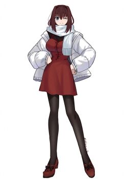 Rule 34 | 1girl, aozaki aoko, black pantyhose, blue eyes, breasts, brown hair, coat, dress, highres, large breasts, mahou tsukai no yoru, medium hair, one eye closed, open clothes, open coat, pantyhose, red dress, red shoes, shintyoi2, shoes, smile, solo, twitter username, white coat