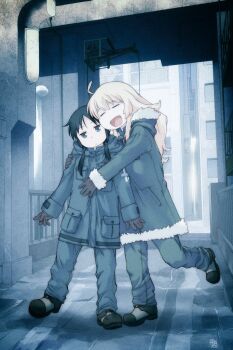 2girls :d ahoge arms_at_sides artist_name black_boots black_eyes black_gloves black_hair blonde_hair blush boots building cable chito_(shoujo_shuumatsu_ryokou) city closed_eyes closed_mouth coat commentary dot_mouth expressionless film_grain foot_up full_body fur-trimmed_coat fur_trim gloves green_coat green_pants grey_boots hair_between_eyes hair_over_shoulder hand_on_another&#039;s_stomach hands_on_another&#039;s_shoulder head_tilt hood hood_down hug hug_from_side jitome kikumaru_bunta light_blush long_hair long_sleeves low_twintails multicolored_boots multiple_girls nuko_(shoujo_shuumatsu_ryokou) open_mouth pants railing revision shoujo_shuumatsu_ryokou side-by-side sidelocks signature smile standing twintails two-tone_boots winch yuuri_(shoujo_shuumatsu_ryokou)