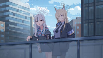 Rule 34 | 2girls, animal ear fluff, animal ears, black jacket, black pantyhose, blonde hair, blue archive, blue eyes, blue halo, blue necktie, blue shirt, blue skirt, city, collared shirt, commentary, dog ears, dog girl, floral print, grey eyes, grey hair, grey halo, hair behind ear, hair over one eye, halo, hand in pocket, highres, jacket, kanna (blue archive), konoka (blue archive), long hair, looking at another, looking at viewer, mikan battery, multiple girls, necktie, open mouth, pantyhose, parted lips, shirt, skirt, sweatdrop