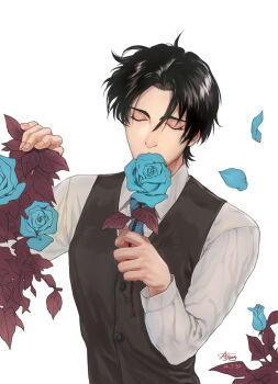 10s 1boy 2014 aj ajiang alternate_costume batman_(series) black_hair blue_flower blue_necktie blue_rose closed_eyes dc_comics dick_grayson flower formal_clothes highres male_focus necktie nightwing rose shirt solo vest waistcoat white_shirt
