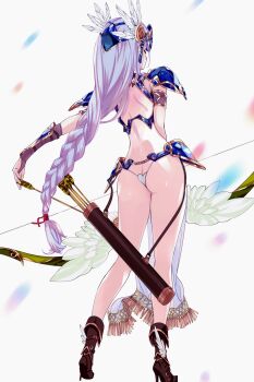 1girl armlet armor arrow_(projectile) ass bikini bikini_armor blue_armor blue_bikini blue_hair blue_helmet boots bow_(weapon) braid brown_boots butt_crack doku_momo from_behind hair_ribbon head_wings helmet high_heel_boots high_heels highres holding holding_arrow holding_bow_(weapon) holding_weapon jewelry lenneth_valkyrie long_hair pelvic_curtain quiver red_ribbon ribbon shoulder_armor single_braid square_enix standing swimsuit valkyrie_profile_(series) weapon white_background winged_boots winged_helmet wings wrist_guards