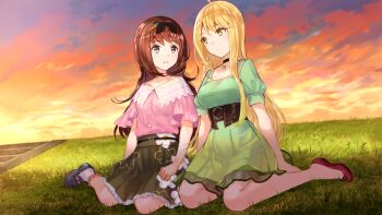 2girls :d ahoge black_choker black_headband blonde_hair bow breasts brown_hair choker closed_mouth collarbone dress eye_contact flats footwear_bow frilled_skirt frills fuzichoco game_cg green_dress green_eyes green_skirt grey_eyes grey_shoes headband jewelry large_breasts loafers long_hair looking_at_another medium_dress medium_skirt multiple_girls necklace non-web_source official_art on_grass on_ground open_mouth otori_ai outdoors parted_lips pink_bow pink_shirt pleated_skirt puffy_short_sleeves puffy_sleeves red_shoes shirt shoes short_sleeves sitting skirt small_breasts smile split_mouth sunset tachibana_nana very_long_hair wariza yumeutsutsu_re:master