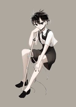 Rule 34 | absurdres, alternate costume, antenna hair, black eyes, black hair, black nails, black necktie, black shoes, black shorts, collared shirt, colored skin, commentary request, full body, gem uniform (houseki no kuni), grey background, greyscale, head rest, highres, houseki no kuni, invisible chair, looking at viewer, male focus, monochrome, necktie, omori, omori (omori), rami 1300, sheath, sheathed, shirt, shoes, short hair, shorts, signature, simple background, sitting, sparkle, sword, weapon, white shirt, white skin