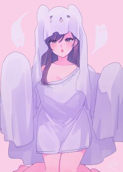 1girl absurdres breasts brown_eyes brown_hair ghost ghost_costume hair_between_eyes highres indie_virtual_youtuber kneeling kokomi_(aniesuakkaman) kokomi_(vtuber) large_breasts long_hair looking_at_viewer open_mouth purple_background solo virtual_youtuber