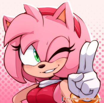 Rule 34 | 1girl, amy rose, animal ears, animal nose, artist name, bare shoulders, blush, bracelet, brachyartz, breasts, commentary, dress, furry, furry female, gloves, gradient background, green eyes, grin, hairband, hedgehog, jewelry, looking at viewer, medium breasts, one eye closed, patreon logo, patreon username, pink background, pink fur, pink hair, red dress, red hairband, sleeveless, sleeveless dress, smile, solo, sonic (series), teeth, upper body, watermark, web address, white gloves