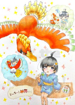 >_< :< :3 :d :o ? ^_^ absurdres ahoge alternate_color araragi_tsukihi barefoot bird black_eyes black_hair blue_kimono blush breasts cat chibi chibi_inset closed_eyes closed_mouth commentary commission commissioner_name dango eating egg_hair_ornament english_text fisheye fletchinder flying food food-themed_hair_ornament foreshortening fox fried_egg gen_2_pokemon gen_6_pokemon hair_ornament hand_on_own_chin happy highres ho-oh holding holding_food image_in_thought_bubble japanese_clothes kimono legendary_pokemon light_blush long_sleeves looking_at_another looking_down looking_up loose_hair_strand monogatari_(series) nintendo notice_lines open_mouth paper_texture phoenix plate pokemon red_bird riding riding_bird sash scratching_chin shiny_pokemon short_hair short_kimono sitting small_breasts smile speech_bubble spoken_question_mark spread_wings standing talons taste_colorful thank_you thought_bubble torii traditional_media trait_connection translated veranda wagashi water_cooler watermark white_background yellow_sash