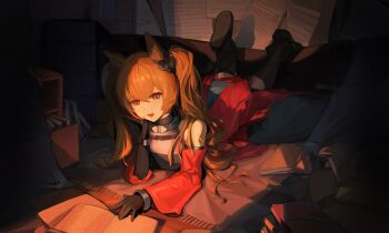 Rule 34 | 1girl, :d, absurdres, angelina (arknights), animal ears, arknights, arknights: endfield, bare shoulders, black boots, black gloves, black thighhighs, book, boots, bracelet, breasts, brown hair, chinese commentary, coat, commentary request, couch, crack of light, drawer, dress, fold-over boots, fox ears, fox girl, full body, gilberta (arknights), gloves, grey dress, hand on own cheek, hand on own face, head rest, headpiece, high collar, highres, impossible clothes, impossible dress, indoors, jewelry, legs up, lilixiao57839, long hair, long sleeves, looking at viewer, lying, medium breasts, metal bracelet, off shoulder, on couch, on stomach, open clothes, open coat, open mouth, orange eyes, red coat, shadow, sleeveless, sleeveless dress, smile, solo, teeth, thighhighs, too many, too many books, twintails, upper teeth only