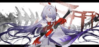 1girl acheron_(honkai:_star_rail) black_choker blood bloody_tears bone chain choker closed_eyes coat coattails detached_sleeves flower gradient_hair highres holding holding_sword holding_weapon honkai:_star_rail honkai_(series) kotooo long_hair multicolored_hair purple_hair red_flower sheath single_bare_shoulder solo sword torii unsheathing weapon white_coat white_hair