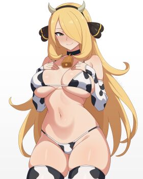 1girl absurdres ai-assisted animal_print bell bikini black_choker blonde_hair breasts choker closed_mouth commentary cow_horns cow_print cow_print_bikini cow_print_sleeves cow_print_thighhighs cowboy_shot cynthia_(pokemon) detached_sleeves english_commentary fake_horns guilegaze hair_over_one_eye hands_on_own_chest highres horns large_breasts long_hair looking_at_viewer navel neck_bell nintendo pokemon pokemon_diamond/pearl/platinum print_bikini print_thighhighs smile solo stomach swimsuit thick_thighs thighhighs thighs twitter_username white_sleeves white_thighhighs