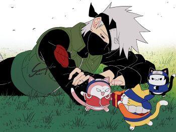 1girl 3boys :3 animalization black_gloves black_headband black_mask black_pants black_shirt blue_hairband blue_headband blue_shirt box cat crossed_arms facial_mark falling_leaves fingerless_gloves flak_jacket gift gift_box gloves grass green_vest hairband haruno_sakura hatake_kakashi headband headband_over_one_eye highres jacket konohagakure_shinobi_uniform konohagakure_symbol leaf looking_at_another lying male_focus mask mouth_mask multiple_boys naruto_(series) on_stomach orange_jacket pants red_shirt saarcheung sample_watermark shirt uchiha_sasuke uzumaki_naruto vest watermark whisker_markings