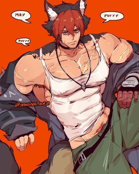1boy artist_request dog fangs furry highres hot komano_manato long_hair male_focus muscular red_hair solo tail wolf zenless_zone_zero