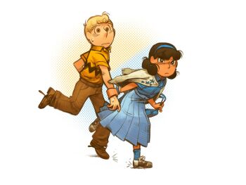 1boy 1girl aged_up black_hair blonde_hair blue_headband blue_shirt blue_skirt charlie_brown commentary dubu274611 english_commentary headband highres holding_another's_wrist jacket jacket_on_shoulders long_skirt lucy_van_pelt peanuts_(comic) running shirt short_hair short_sleeves skirt yellow_shirt