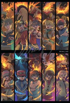 3girls 6+boys armor backwards_hat bare_shoulders barry_(pokemon) baseball_cap behind_another black_background black_bra black_cape black_hair black_jacket black_pants black_sports_bra black_thighhighs blaziken blonde_hair blue_eyes blue_fire blue_jacket blue_necktie blue_oak blue_shirt blue_shorts blue_sweater bra breath_weapon breathing_fire brown_pants calem_(pokemon) cape cargo_shorts charizard cinderace clenched_hand commentary crocalor crossed_arms delphox double_bun dragon dress dress_shirt dynamic_pose elio_(pokemon) embers emboar ethan_(pokemon) facing_to_the_side facing_viewer fighting_stance fire flame-tipped_tail florian_(pokemon) gen_1_pokemon gen_2_pokemon gen_3_pokemon gen_4_pokemon gen_5_pokemon gen_6_pokemon gen_7_pokemon gen_8_pokemon gloria_(pokemon) goggles goggles_on_head goggles_on_headwear gold_armor green_eyes green_hat green_hood green_hoodie green_scarf grey_eyes grey_hat grey_pants grey_shirt grey_sweater grey_tank_top hair_bun hat highres hilbert_(pokemon) holding holding_pole hood hoodie incineroar infernape jacket khaki_pants light_particles long_bangs long_sleeves looking_at_viewer may_(pokemon) mega_charizard_x mega_pokemon mokorei monkey multiple_boys multiple_girls necktie nintendo open_hand open_mouth orange_jacket outstretched_arm outstretched_arms own_hands_together pants parted_bangs parted_hair pink_dress poke_ball poke_ball_(basic) pokemon pokemon_(creature) pokemon_adventures pokemon_bw pokemon_bw2 pokemon_dppt pokemon_hgss pokemon_rgby pokemon_sm pokemon_sv pokemon_swsh pokemon_xy pole ponytail popped_collar raised_fists red_eyes red_hat red_hoodie red_ribbon red_tank_top ribbon scarf shirt shorts shouting skirt smoke spiked_hair sports_bra spread_wings striped_clothes striped_jacket sun_hat sweater sweatpants swept_bangs tail tam_o&#039;_shanter tank_top thighhighs twitter_username typhlosion underwear watermark yellow_eyes yellow_skirt