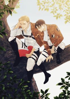 Rule 34 | 2boys, ascot, belt, belt buckle, black belt, black boots, blonde hair, blue eyes, book, boots, brown eyes, brown hair, buckle, chest harness, closed mouth, collared shirt, commentary, elbow on knee, english commentary, erwin smith, harness, highres, holding, holding book, ikichi8tkjn, in tree, jacket, levi (shingeki no kyojin), long sleeves, male focus, multiple boys, open book, open clothes, open collar, open jacket, outdoors, pants, shingeki no kyojin, shirt, short hair, sitting, sitting in tree, sky, survey corps (emblem), thick eyebrows, tree, white ascot, white pants, white shirt