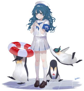 1girl absurdres animal armband arms_up bird blue_armband blue_hair blue_skirt brown_shoes budo_(budoboros) commentary_request food full_body hat highres holding innertube kneehighs long_hair neckerchief original own_hands_together penguin pleated_skirt sailor_collar sailor_hat shiny_clothes shirt shoes skirt socks steepled_fingers sunglasses swim_ring walking white_background white_hat white_sailor_collar white_shirt white_socks