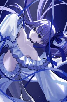 1girl absurdres bare_shoulders bikini blue_eyes blue_ribbon blush bomberca309 breasts choker fate/grand_order fate_(series) frilled_bikini frills hair_ribbon highres long_hair long_sleeves looking_at_viewer meltryllis meltryllis_(fate) meltryllis_(swimsuit_lancer)_(fate) meltryllis_(swimsuit_lancer)_(third_ascension)_(fate) prosthesis prosthetic_leg puffy_sleeves purple_hair ribbon side_ponytail sleeves_past_fingers sleeves_past_wrists small_breasts solo swimsuit thighs very_long_hair white_bikini white_ribbon