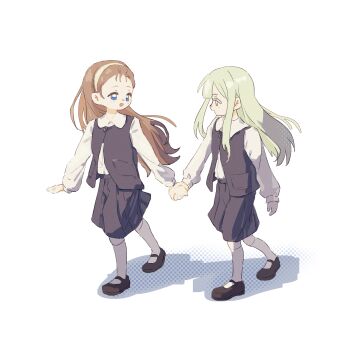 2girls :d absurdres aged_down bang_dream! bang_dream!_it&#039;s_mygo!!!!! bangs_pinned_back black_shoes black_skirt black_vest blue_eyes brown_hair child chinese_commentary collared_shirt colored_eyelashes commentary_request eye_contact floating_hair forehead friends full_body green_hair hairband halftone highres holding_hands kneehighs light_blush long_hair long_sidelocks long_sleeves looking_at_another mary_janes matching_outfits medium_skirt multiple_girls nagasaki_soyo open_mouth peter_pan_collar pleated_skirt pocket profile sasagawa_yuki shadow shirt shirt_tucked_in shoes sidelocks simple_background skirt skirt_set smile socks vest wakaba_mutsumi walking white_background white_hairband white_shirt white_socks yellow_eyes