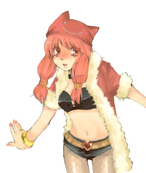 1girl aomisora black_bra black_shorts blush bra bracelet breasts coat commentary_request cowboy_shot deviruchi_hat fishnet_pantyhose fishnets fur-trimmed_coat fur_trim hat heart heart-shaped_pupils jewelry long_hair looking_at_viewer medium_breasts midriff navel open_clothes open_coat open_mouth pantyhose pink_eyes pink_hair pink_nails ragnarok_online red_coat red_hat rogue_(ragnarok_online) short_shorts short_sleeves shorts simple_background smile solo symbol-shaped_pupils underwear white_background