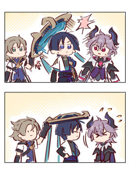 &gt;_&lt; ._. 3boys albedo_(genshin_impact) arm_up arms_at_sides belt black_belt black_bodysuit black_bow black_bridal_gauntlets black_coat black_gloves black_hair black_hood black_horns black_shorts black_sleeves blue_cape blue_hat blue_kimono blue_sleeves blunt_ends bodysuit bow braid bridal_gauntlets brown_hair cape closed_mouth coat crossed_bangs dragon_boy dragon_horns facing_another flying_sweatdrops frown genshin_impact gloves gold gold_trim green_eyes hair_between_eyes half_up_braid hands_on_own_hips hat highres holding holding_unworn_clothes holding_unworn_hat hood hood_down hooded_coat horns japanese_clothes jingasa juban kimono layered_sleeves looking_at_another mandarin_collar messy_hair mini_durin_(genshin_impact) mini_durin_(human)_(genshin_impact) motion_lines multiple_boys mzxiaxi open_clothes open_coat open_kimono open_mouth pink_hair purple_eyes purple_horns purple_shirt purple_vest red_eyes scaramouche_(genshin_impact) shirt short_sleeves shorts smile sweatdrop two-sided_horns undershirt unworn_hat unworn_headwear vest wanderer_(genshin_impact) white_coat white_gloves white_kimono white_sleeves